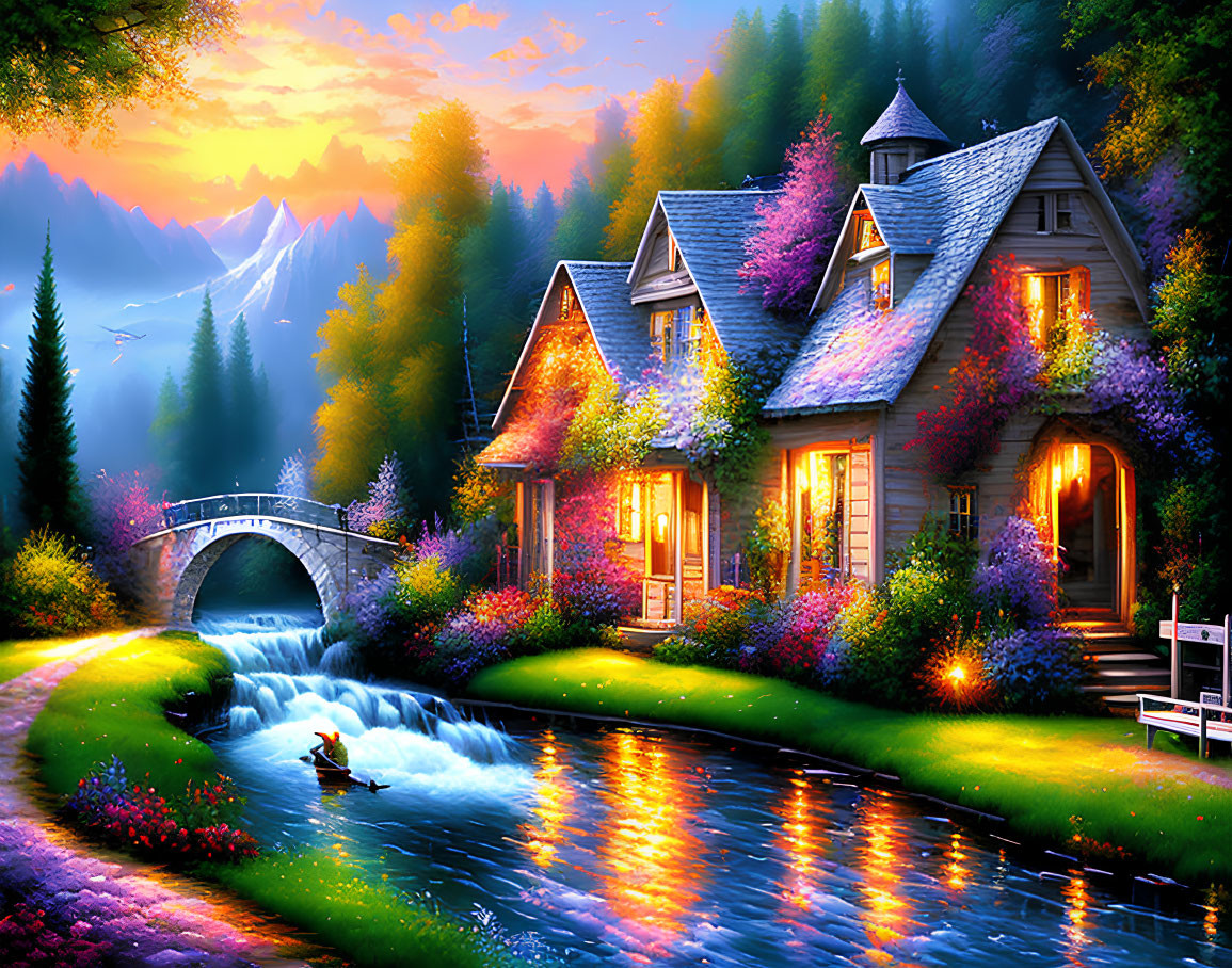 Cottage by Stream with Flowers, Bridge, and Twilight Sky