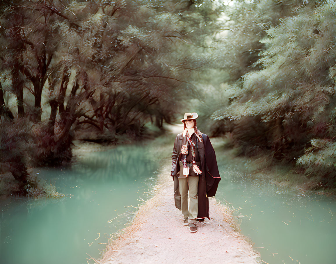 Vintage dressed person on narrow path in lush greenery holding coat and wearing hat