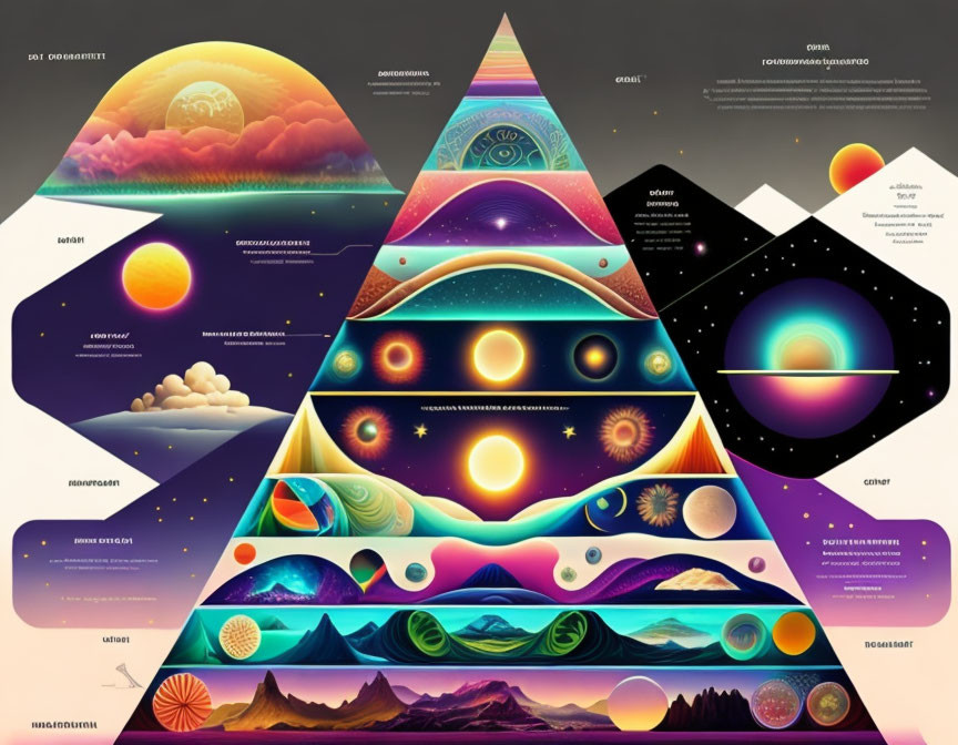 Vibrant geometric collage of cosmic and natural scenes with text labels