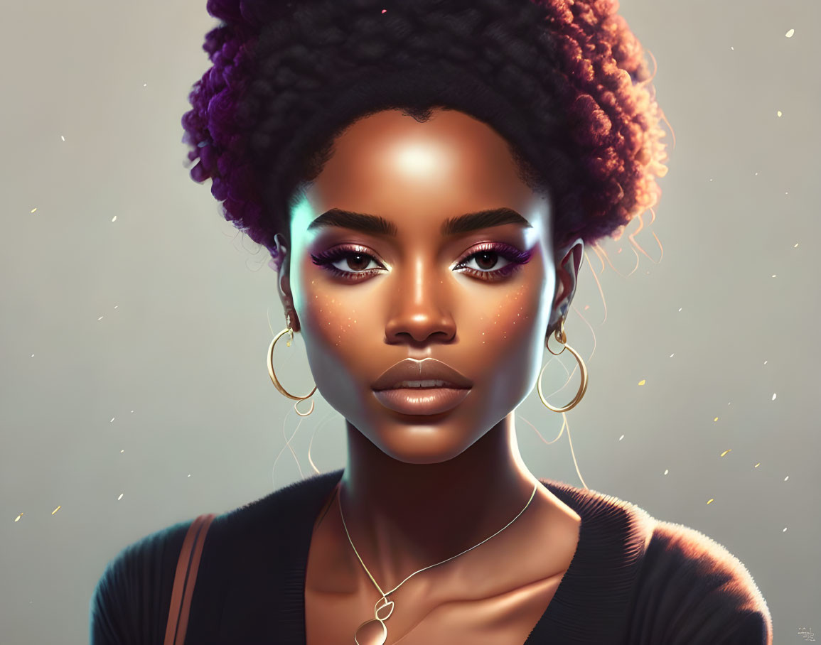 Portrait of woman with high bun, full lips, hoop earrings.