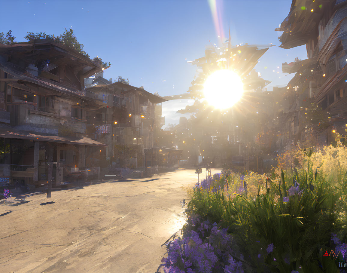 Traditional village street at sunrise with wooden buildings, cobblestone paths, lush greenery.