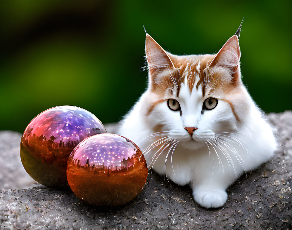 White and Orange Cat with Reflective Spheres on Stone Surface