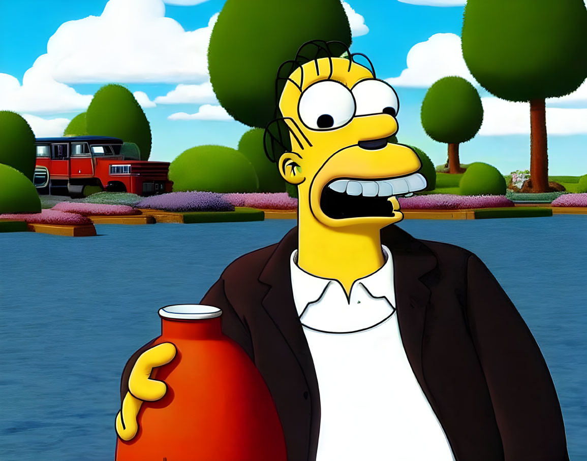 Yellow Cartoon Character with Red Jar in Nature Scene