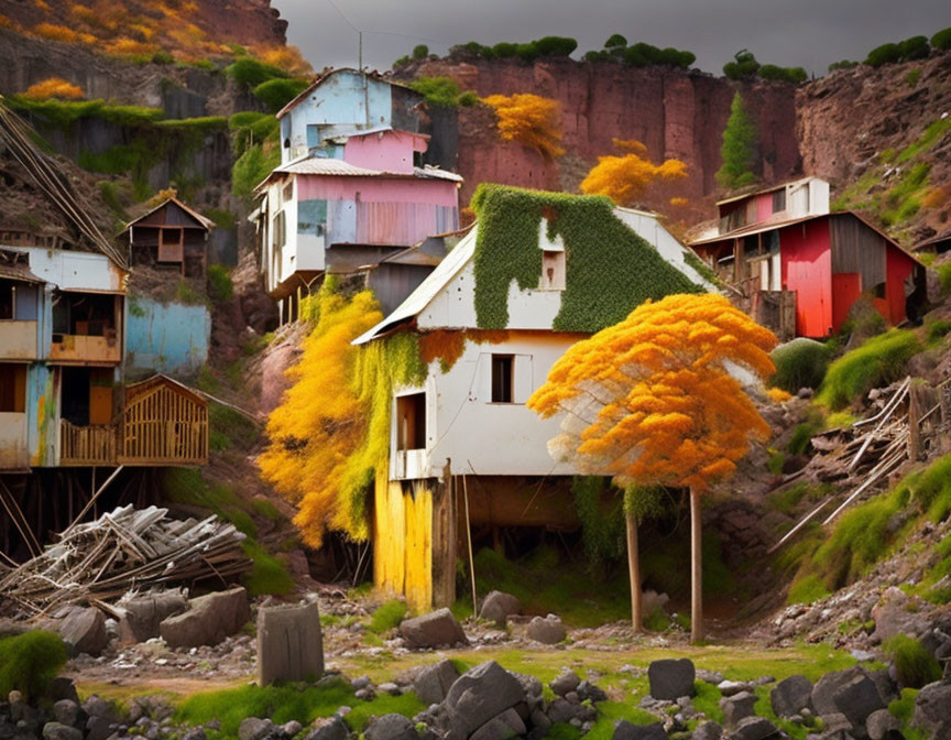 Vivid Foliage and Colorful Houses in Dramatic Landscape