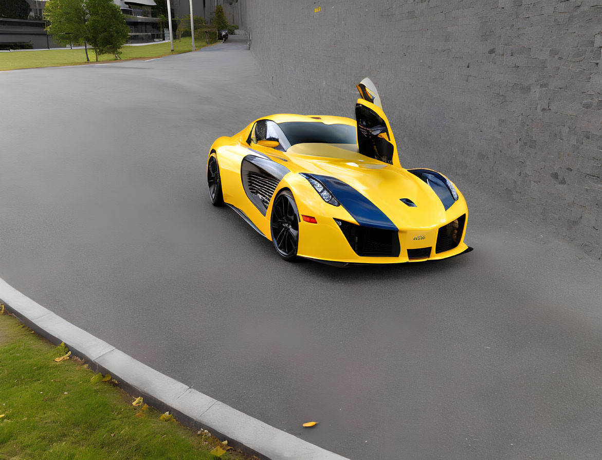 Bright yellow sports car with open gull-wing doors against gray wall.