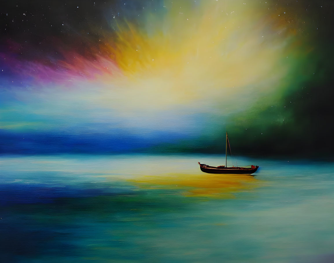 Solitary Boat on Calm Waters under Vibrant Aurora Sky