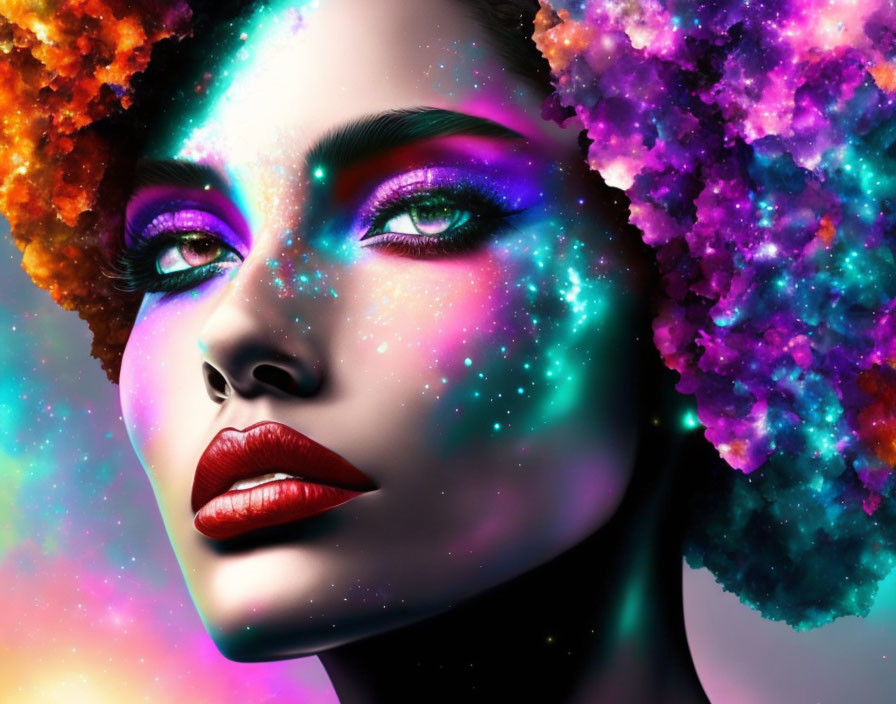 Colorful cosmic-themed digital art featuring a woman with nebula and stars on skin.