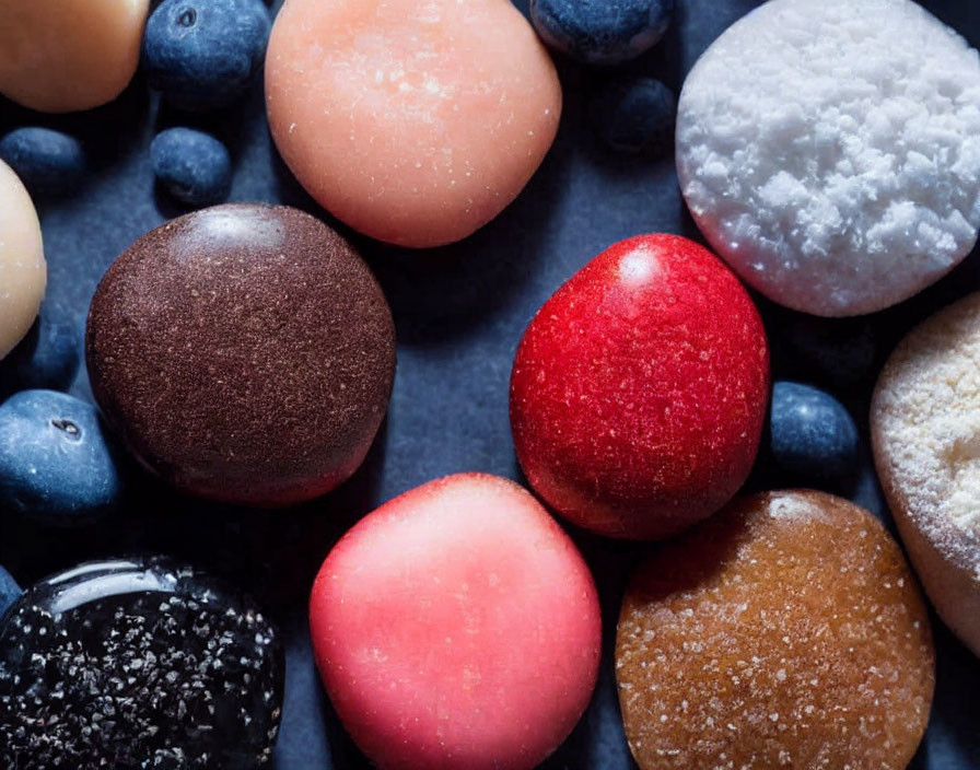 Assorted Round Candies with Sugar Coating and Blueberries on Dark Background