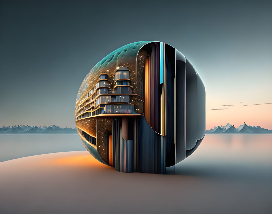 Egg-shaped futuristic structure blending cityscape and cosmic elements.