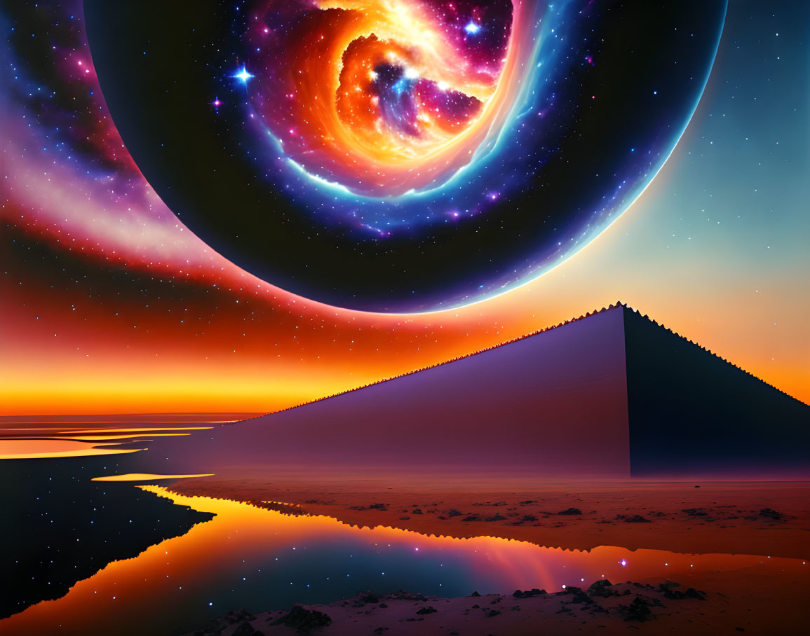 Surreal landscape with pyramid, reflective water, desert, cosmic sky