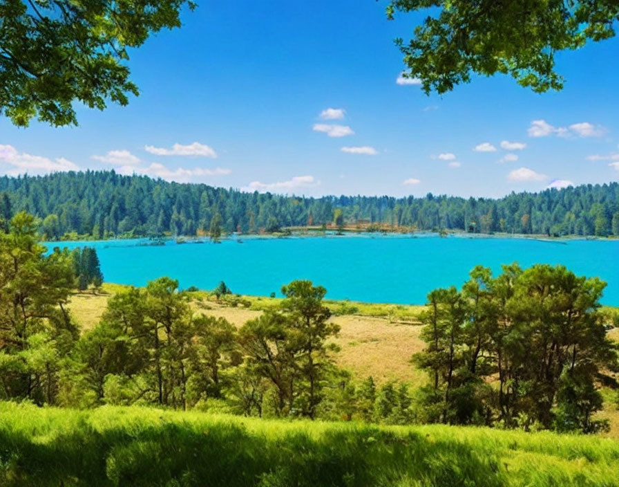 Scenic blue lake with green forests under blue sky