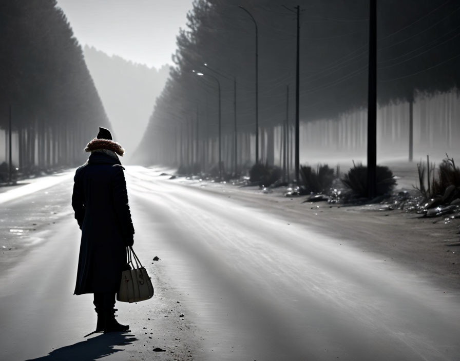 Solitary figure walking on misty tree-lined road at sunrise