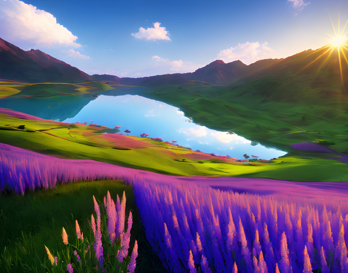 Scenic sunset lake with mountain reflection and wildflowers