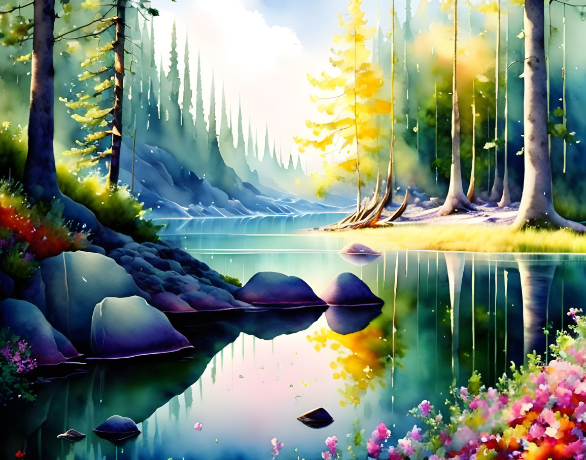 Colorful Forest Scene with Blue Lake and Sunlight Filtering Through Foliage