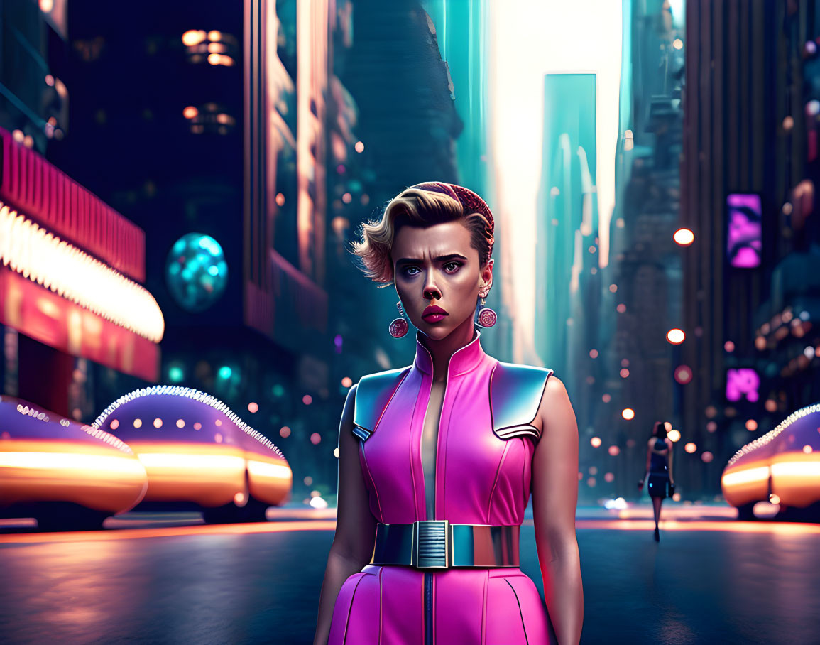 Stylized woman in neon-lit futuristic city street