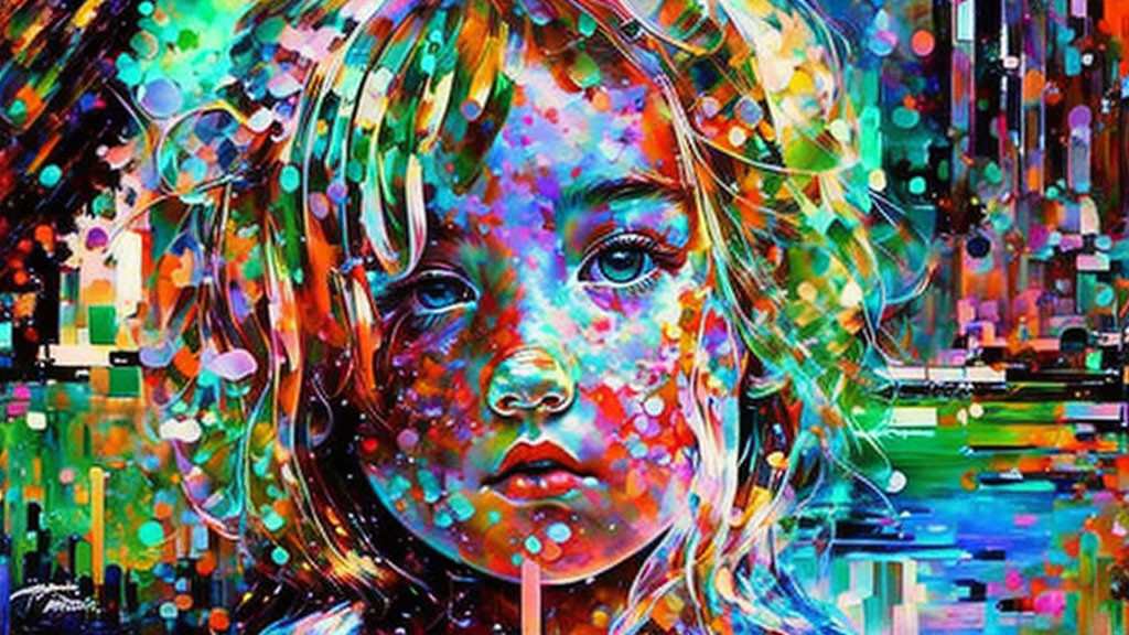 Vibrant portrait of young girl with colorful splashes and dots