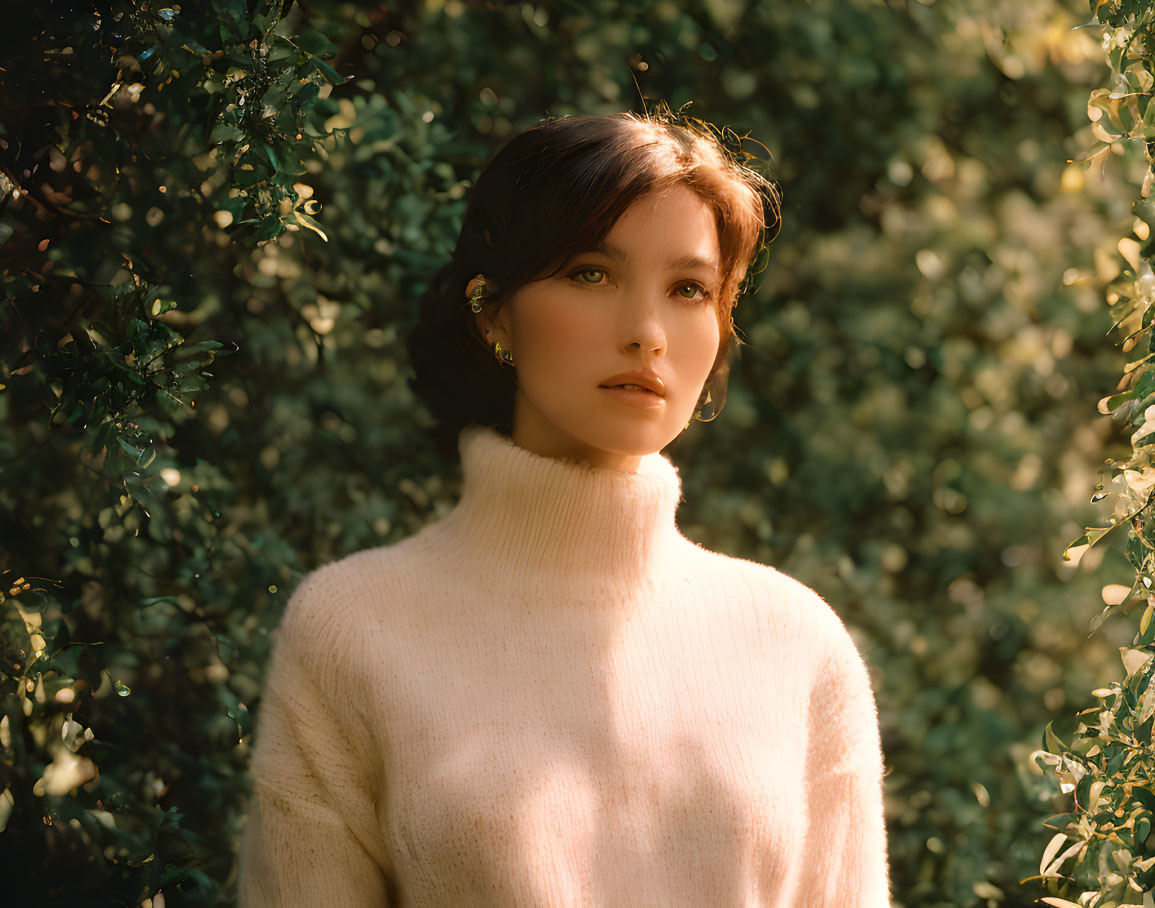 Woman in White Turtleneck Sweater Amid Lush Greenery