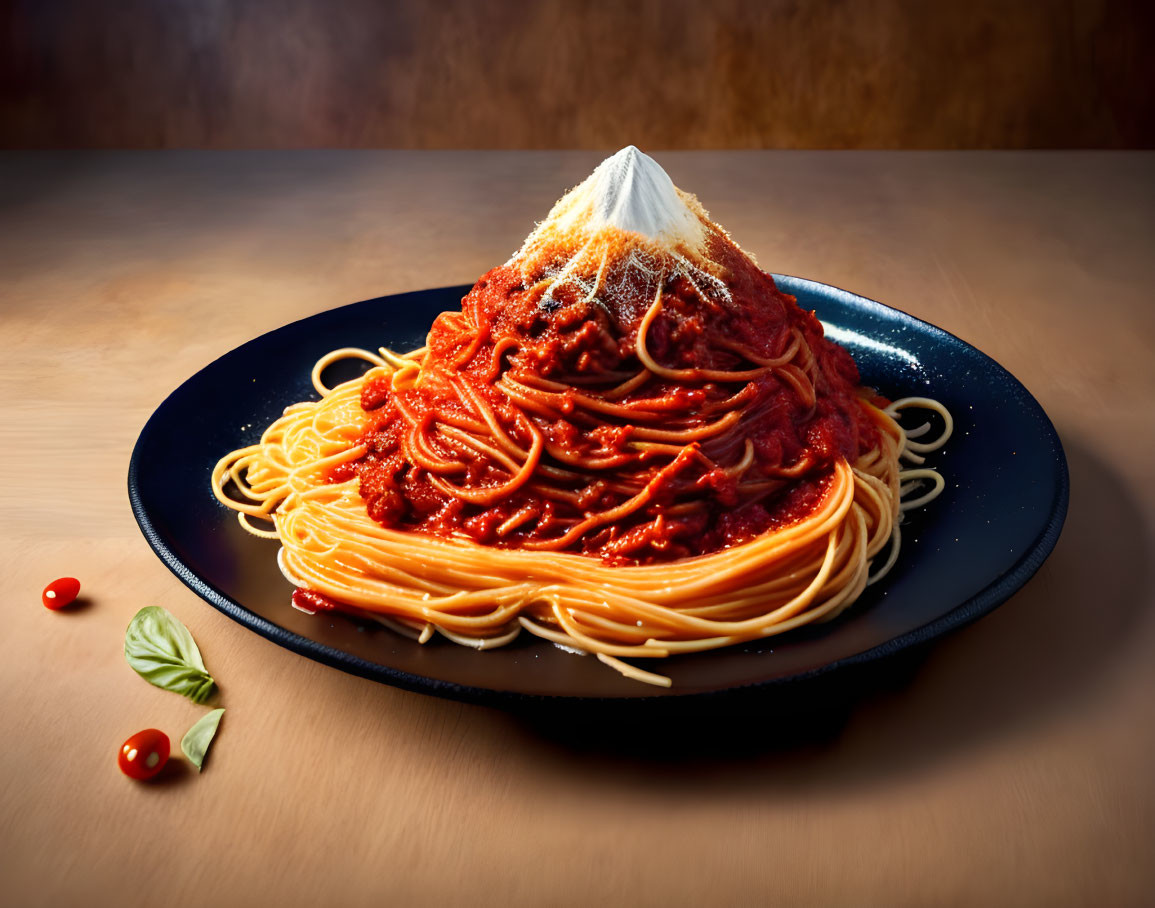 Plate of Spaghetti with Tomato Sauce and Cheese on Wooden Table