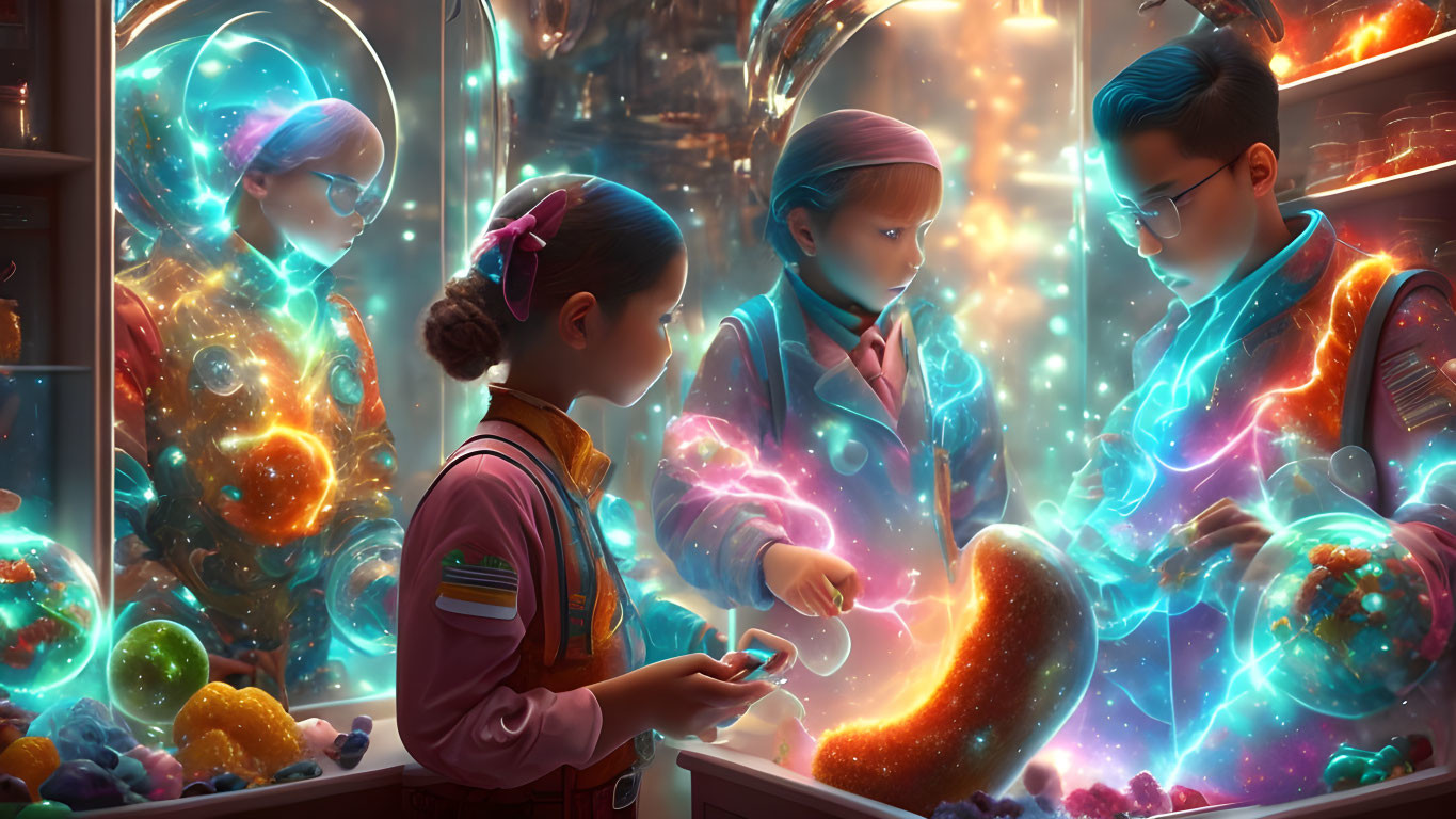 Four children explore glowing, interactive celestial displays in a futuristic setting.