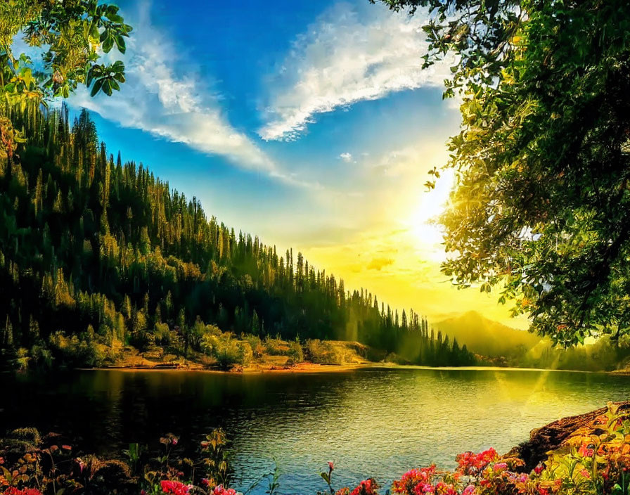 Tranquil lake with lush pine forests and vibrant flowers