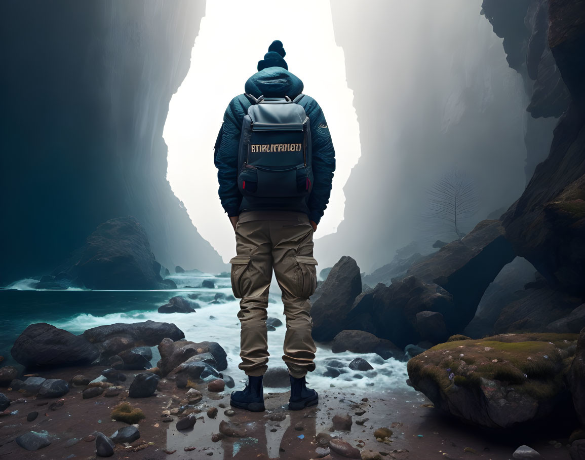 Outdoor Gear Enthusiast Contemplates Misty Canyon View