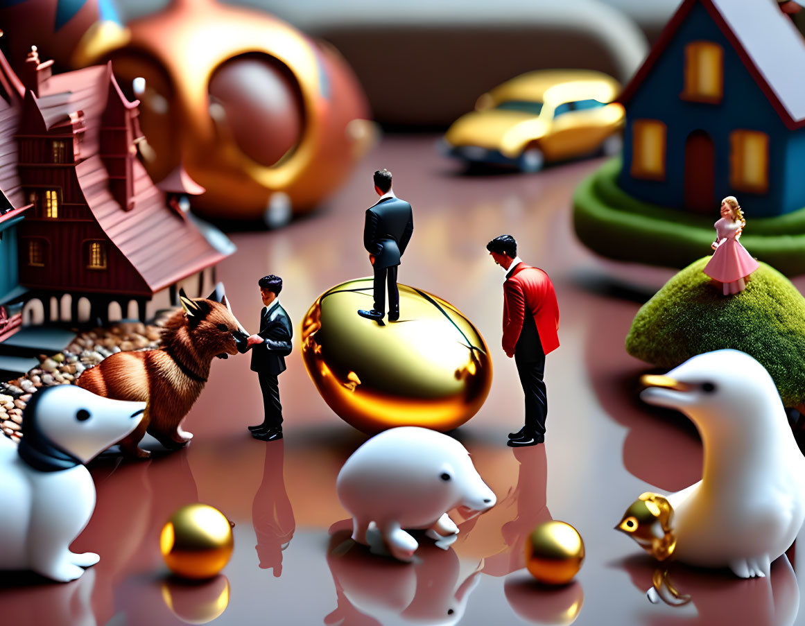 Miniature people and animals with golden purse in surreal setting