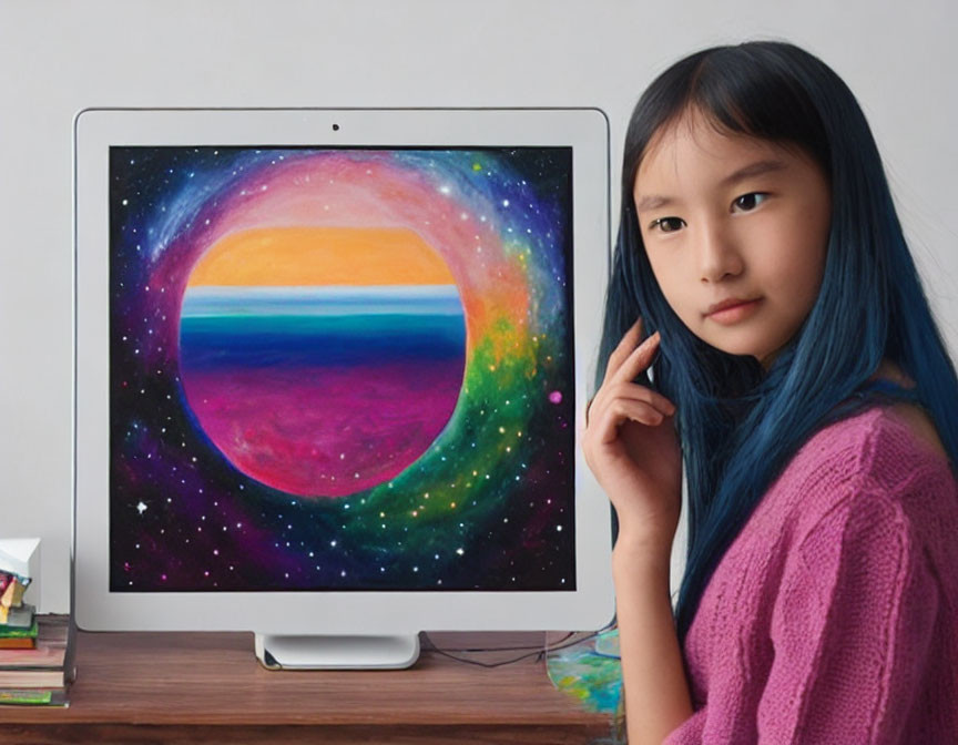 Blue-haired girl next to cosmic computer illustration and books on desk