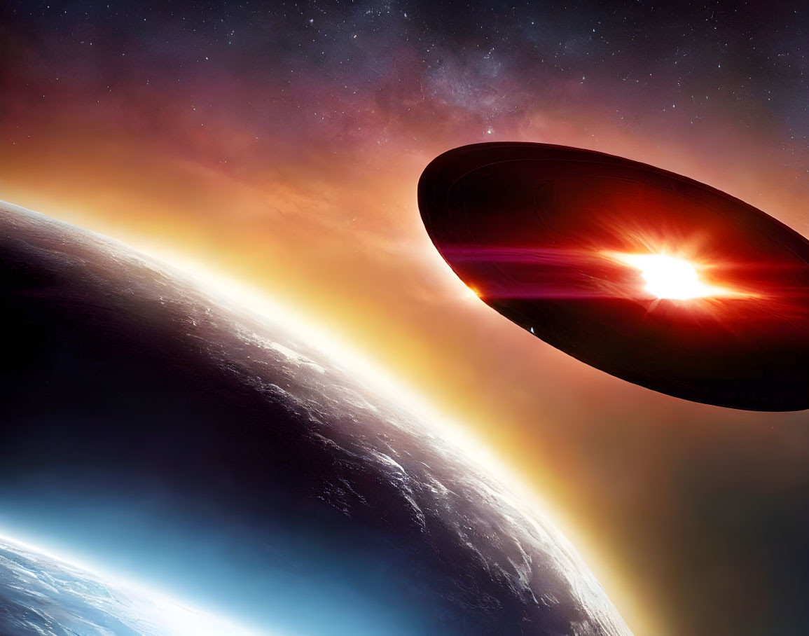 Red Beam UFO near Earth in Starry Space Scene