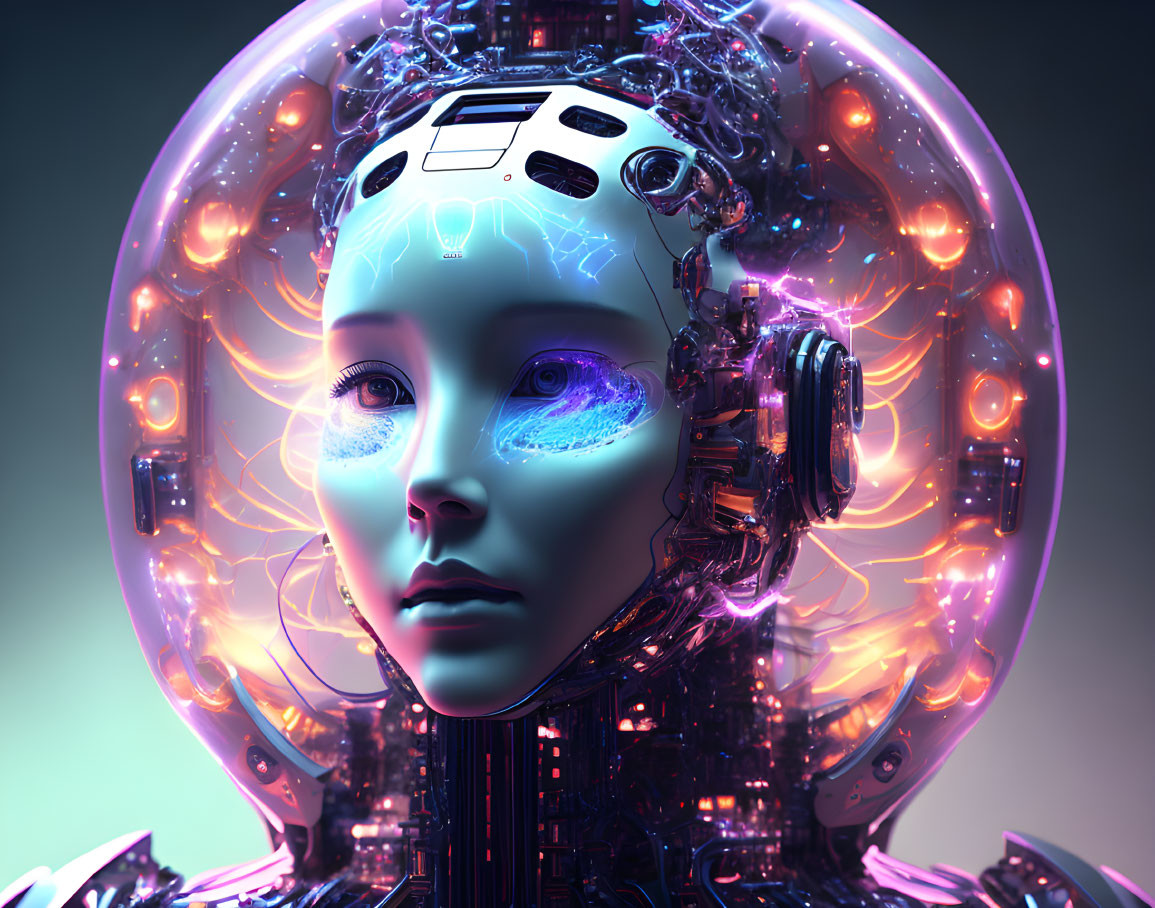 Detailed 3D illustration of female android with exposed mechanical structure