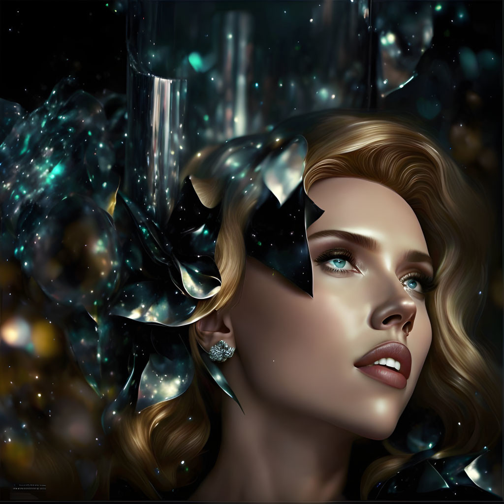 Digital artwork: Woman with butterfly on face in cosmic setting