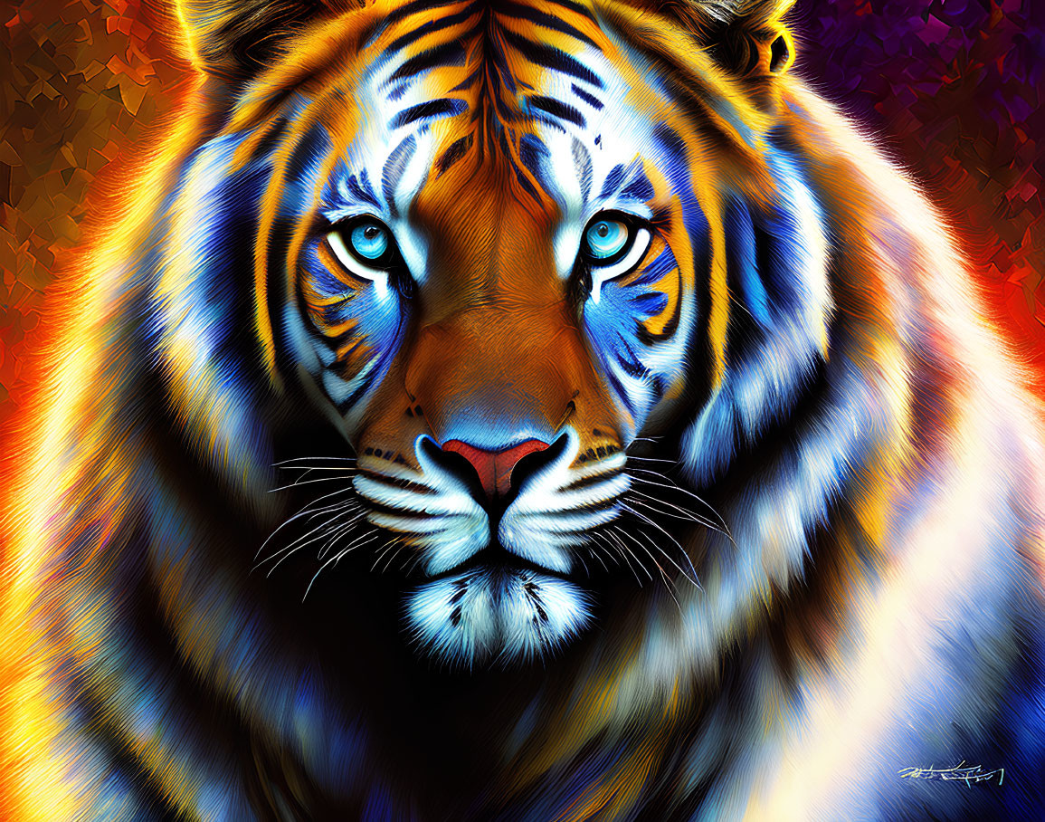 Vibrant Tiger Face Art with Blue Eyes on Fiery Background