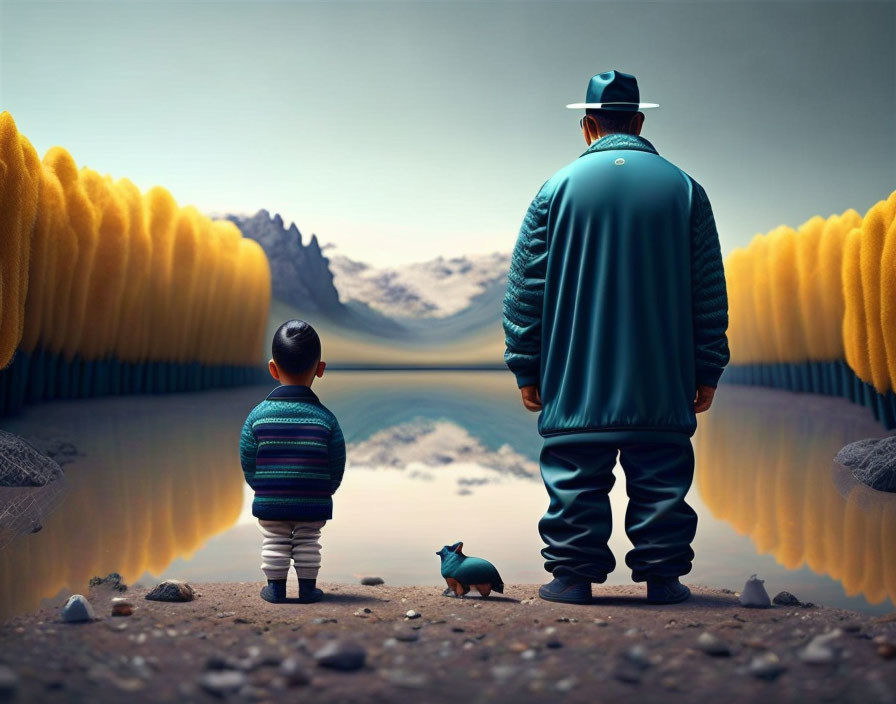 Adult and child in matching outfits by surreal lake with giant corn cobs and small dog