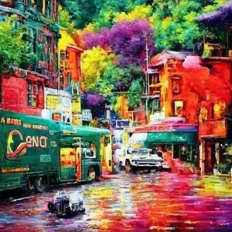 Vibrant Impressionistic Street Scene with Colorful Buildings