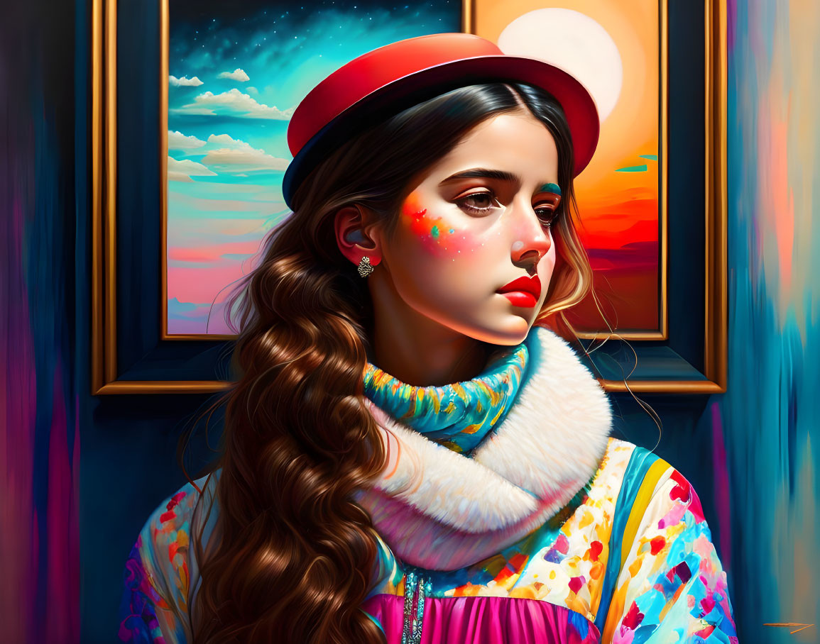 Colorful digital artwork: Woman with long braid, painted face, hat, vibrant outfit, framed