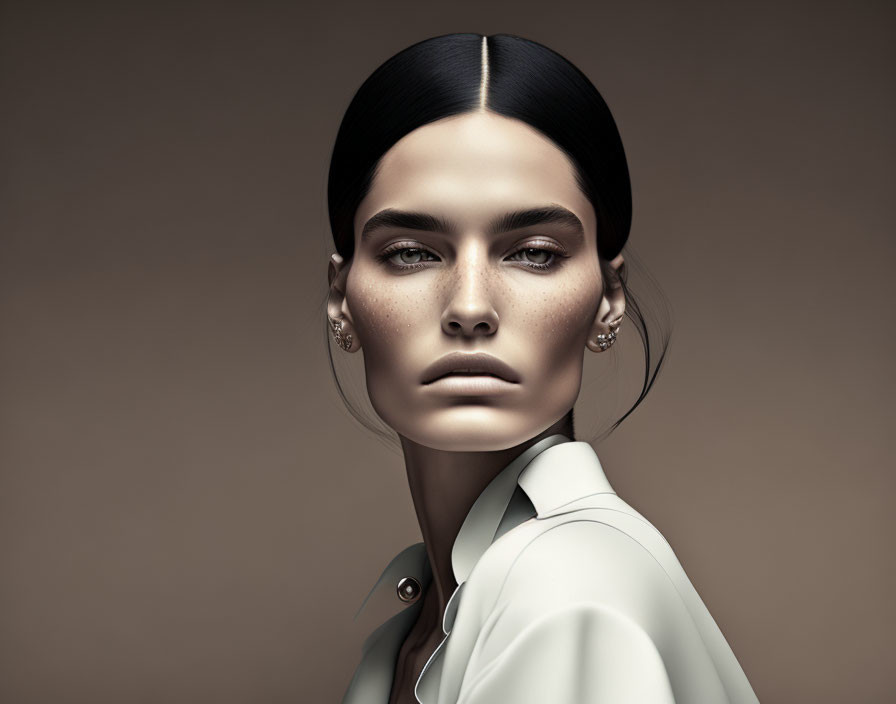 Intense woman portrait with slicked-back hair and hooped earrings