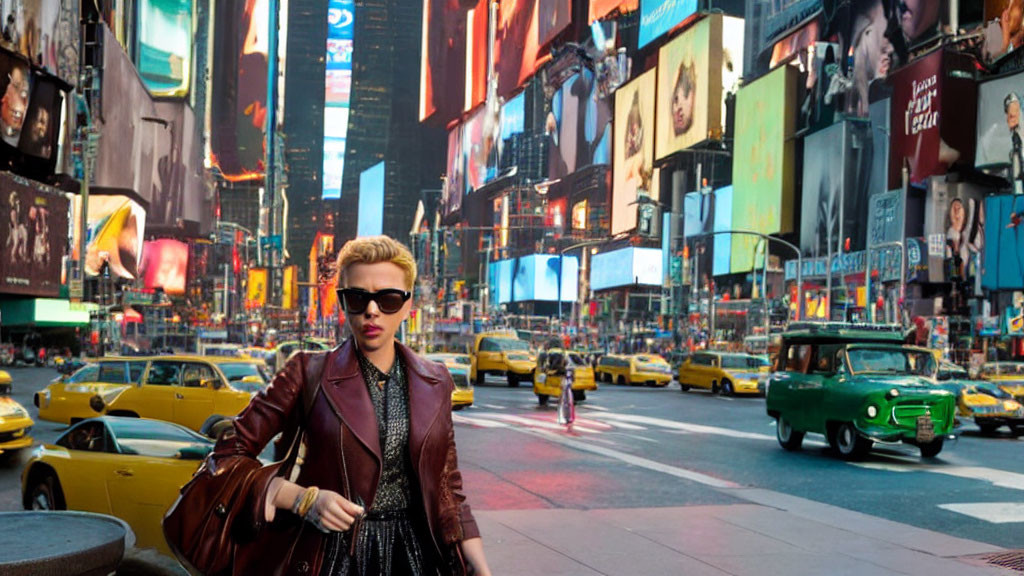 Stylish person in sunglasses and leather jacket on busy street with billboards and vintage green car