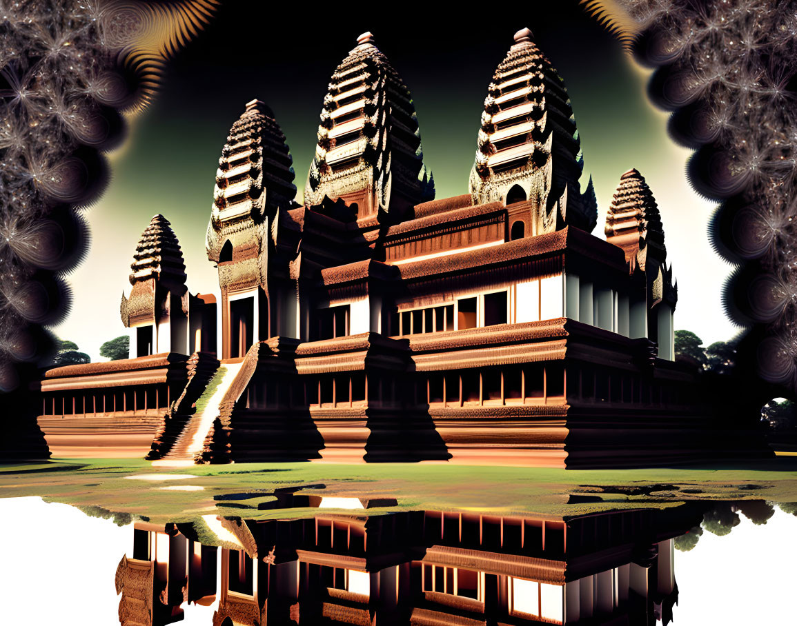 Digital art: Angkor Wat with surreal background, reflected in water under fractal sky.