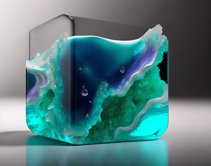 Vivid blue and green liquid-like design in clear square object.