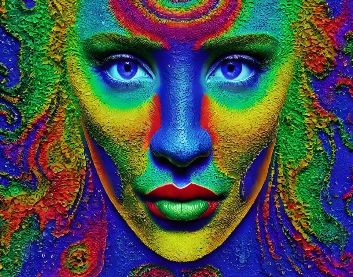 Symmetrical multicolored portrait with intense blue eyes on textured background