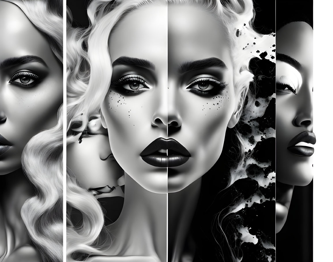 Four-panel grayscale portrait showcasing woman's face in varying artistic styles, from photorealistic to abstract spl
