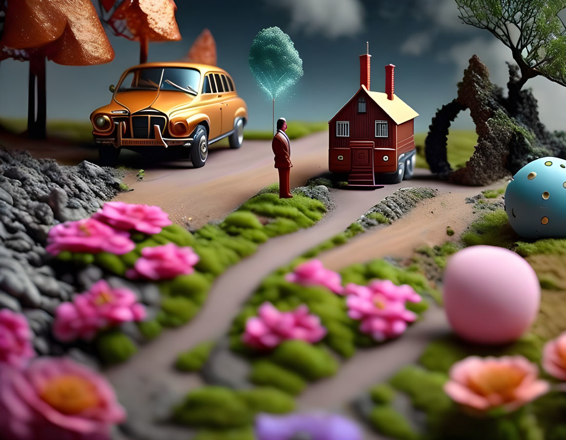 Whimsical surreal landscape with colorful elements and vintage car