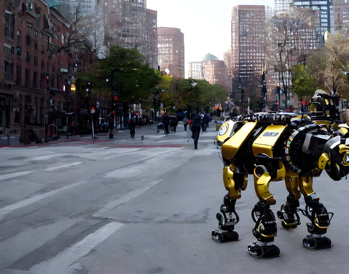 Yellow and Black Robotic Dog in Urban Street Scene