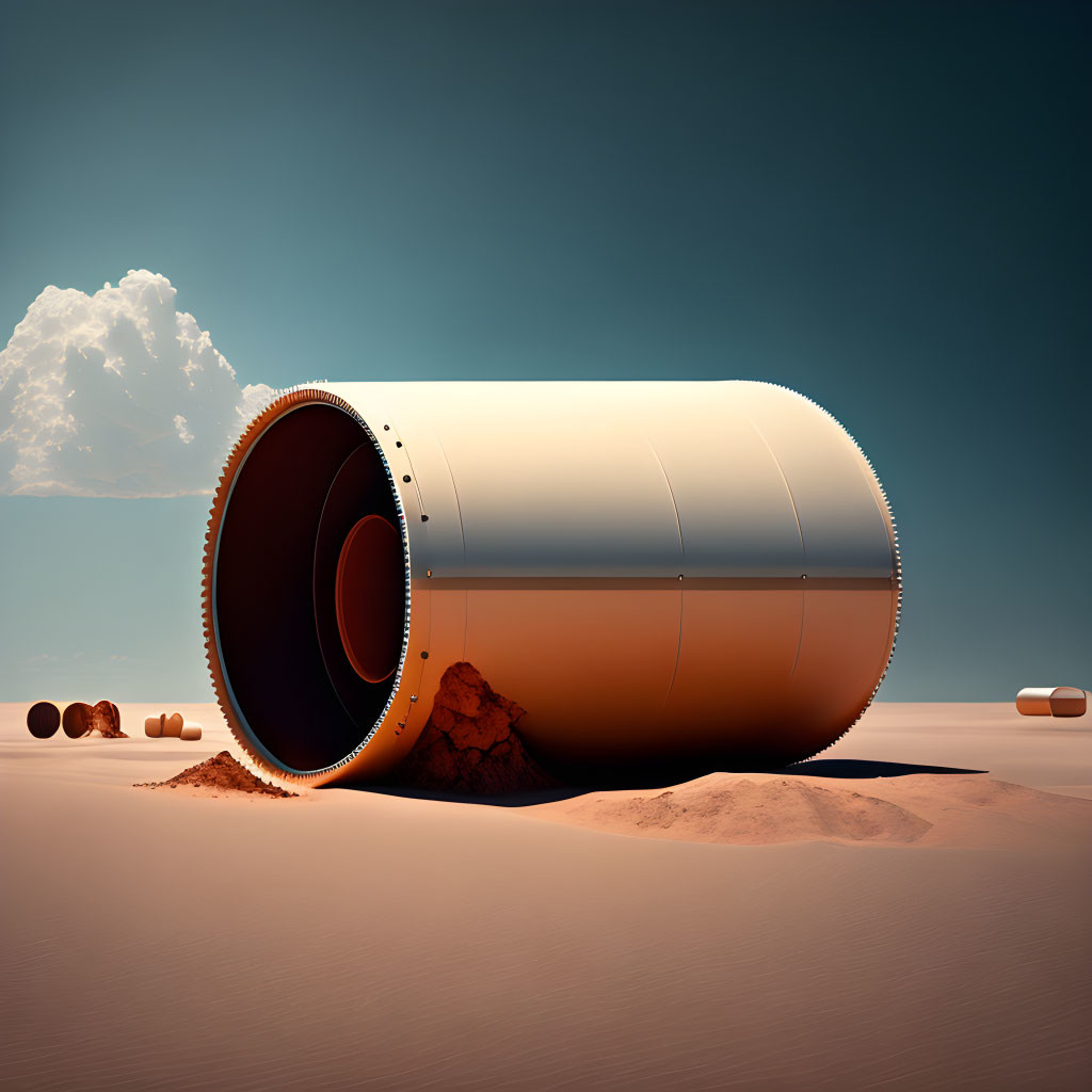 Cylindrical Metal Object Partially Buried in Desert Sand