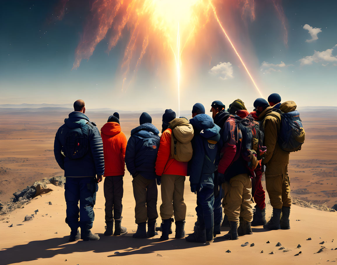 Hikers with backpacks observe meteorites in desert landscape