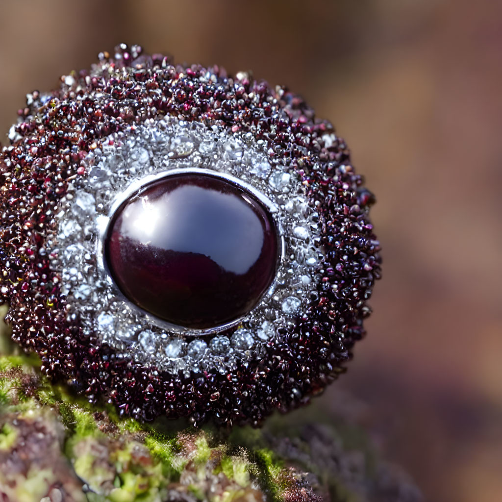 Dark Gemstone Ring Surrounded by Sparkling Crystals on Natural Surface