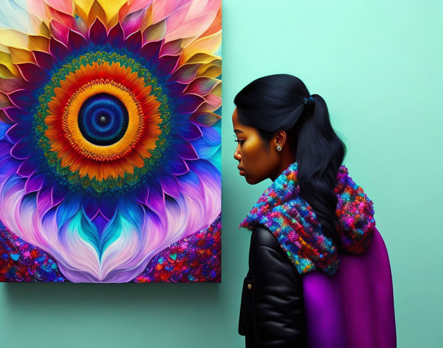 Profile of Woman in Colorful Scarf and Leather Jacket with Psychedelic Flower Canvas