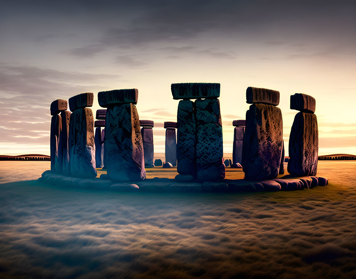 Stonehenge at Sunset: Ancient stones glow under warm sky hues