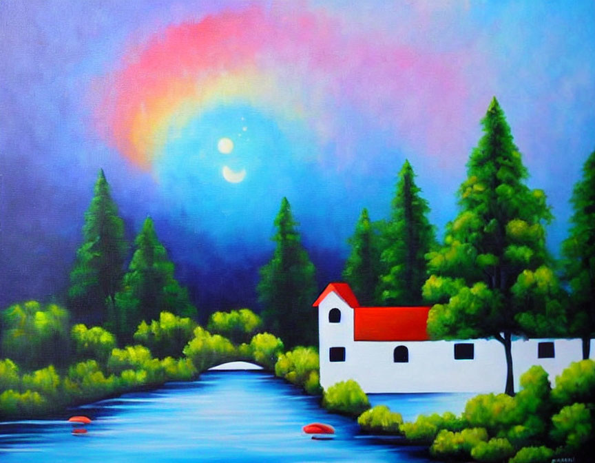 Tranquil scene with rainbow, sun, trees, river, and house