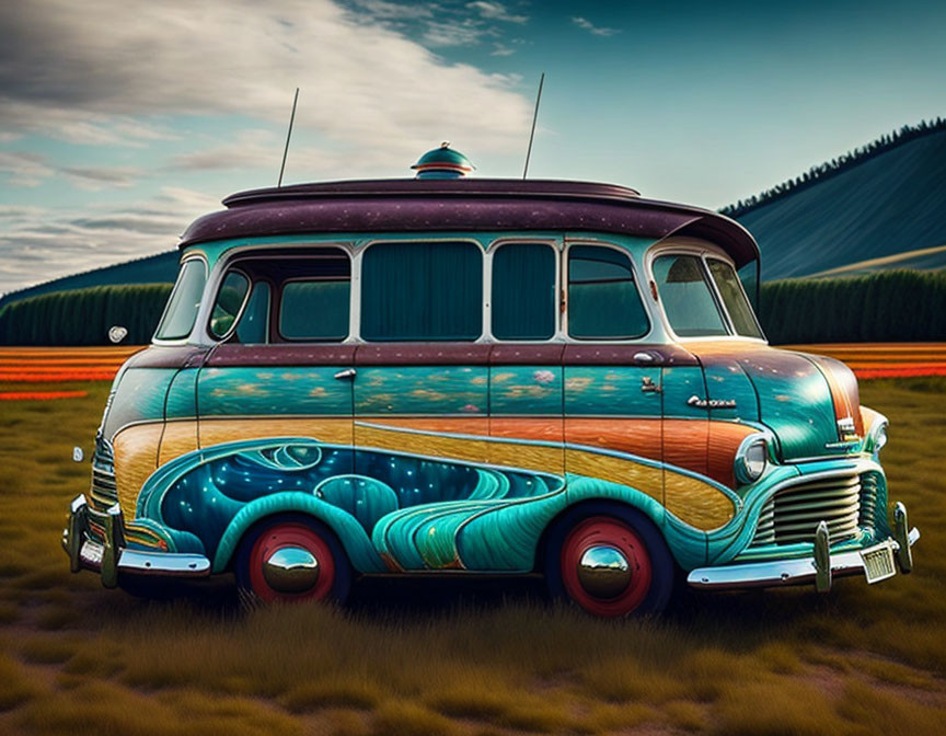 Vintage Bus with Ocean Wave Graphics in Grassy Field with Pine Trees & Hills