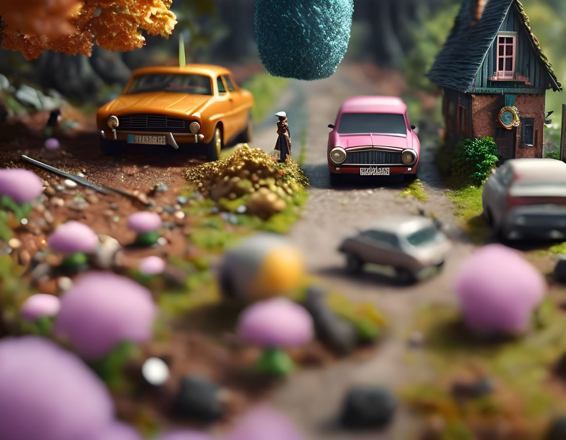 Miniature scene: person, orange car, colorful trees, houses, model vehicles, tiny road